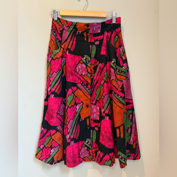 VINTAGE 80s Midi Abstract Art Work -  Front Button Closure Skirt - S - Picture 2 of 11
